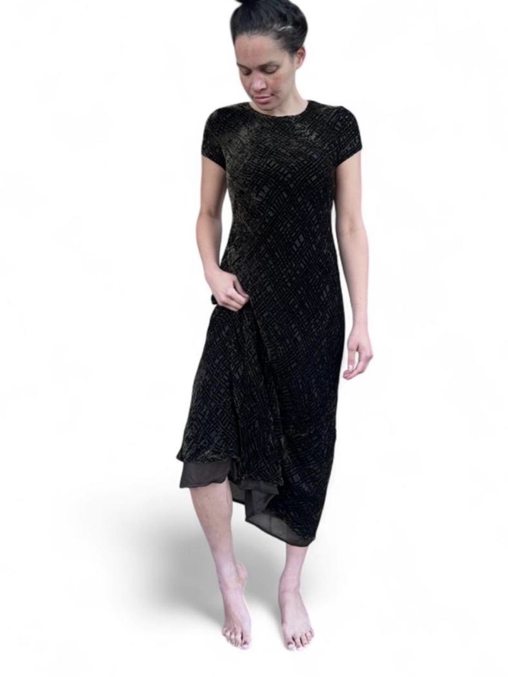 Vintage Wild Rose Dark green Silk Velvet Burnout Maxi Dress